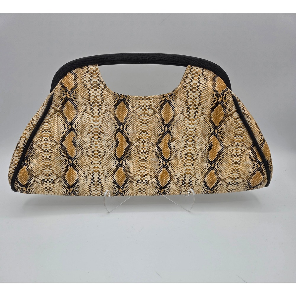 Vintage Snakeskin Print Clutch Handbag Tan Brown Faux Leather Floral Lining